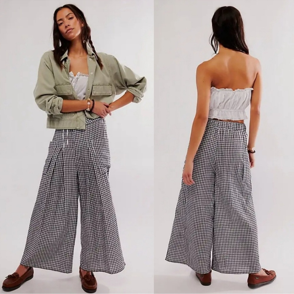 Free People Eastside Trousers Gingham Plaid Black White Size Small Cotton